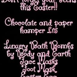 Teen Pamper and Chocolate hamper last 3
 £10 this weekend only 

Luxury Bath Bombs by Body and Earth
Face Masks
Foot Mask
Easter Egg
Mini Egg Treat Size Bag
Lindit Mini Eggs
