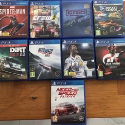 In good condition

Dirt Rally 2.0
Crew 2
Need For Speed Rivals
Grid
Rocket League
Need For Speed Payback
Gran Turismo
FIFA 18
Spider-Man