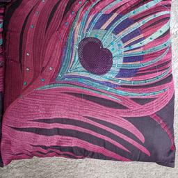 15.5 X 15.5 

3 pink peacock style cushion covers

used but in good condition