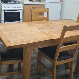 I am selling my solid Wiltshire Oak wood extendable dining table and x4 chairs. the table extends to fit 8 people and it does have some stains and marks on the top it does not effect the use. one of the chairs has a broken leg but the other 3 are fine. I am willing to sell the table on its own if needed. collection only. Will require a van as table is very heavy x2 people to carry. I can dismantle the legs for easy transport.
it is still for sale!!!