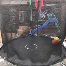 8ft trampoline . No holes on the actual trampoline but the piece that goes around is not in good condition but still useable.