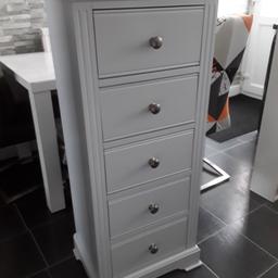 Stunning tallboy in a very pale 'moonlight grey' almost white, a couple of marks inside two drawers, small mark on the corner at the back, bought for 316.99
NO OFFERS.