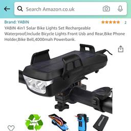 YABIN 4in1 Solar Bike Lights Set Rechargeable Waterproof,Include Bicycle Lights Front Usb and Rear,Bike Phone Holder,Bike Bell,4000mah Powerbank.

Suitable for up to a 6.3 size phone 

Brand new