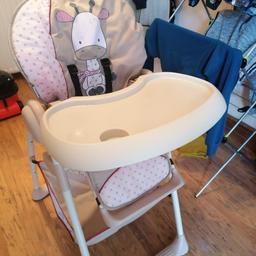 Hauck sit n relax high chair with newborn attachment.
Excellent for newborn to sit in with reclining newborn seat with detachable giraffe toy mobile and then for highchair for feeding once baby can sit up.
Height adjustable and folds for easier storage.
Great conditon, some small wear and tear marks - some fading on giraffe on newborn seat.
White part on high chair has a pinkish tinge where the red colour ran when we put on a hot wash.
Collection from Selly Oak B29