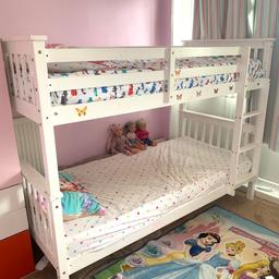 (Mattress are not included)
Used Bunk Bed Wooden Bed Frame White Pine Sleeper w/ Ladder Kids Single 3FT SPLITS INTO 2 x Separate SINGLE BEDS

Full hight 150 cm approx
Length. 200cm approx 
Width 98 cm approx 

WhatsApp 07861494217

Not: Mattress are not included 
Cash on collection