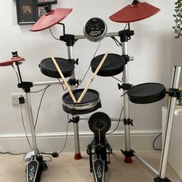 Electric drum kit
Slight issue with headphone connection port/sound only comes out of right side of head phones, probably easy fix if you know what you’re doing. 
Headphones not included
Stool not included.

Collection only