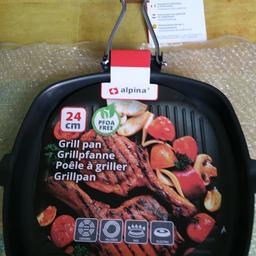 Grill Pan ALPINA Carbon Steel Non Stick Coating, lightweight and easy to handle, folding wooden handle with an iron core. New still in packaging.
Suitable for all types of hobs: gas, induction, ceramic and halogen .Dimensions: 24 cm.
Please see pictures for description. Cash on collection from London W9 2AH
