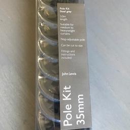 John Lewis steel grey curtain pole kit new rrp £45 complete with fittings 
Packing slightly damaged but pole is fine 

Measurements are 
35 mm by 3 metre length 

Cash on collection only