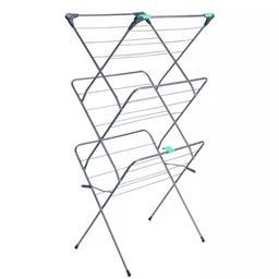 Easy glide feet means airer can be moved easily even when fully loaded.
Total drying space 16m.
Drying capacity 15kg.
Holds 2 wash loads.
Size when open: H135, W64, D53cm.

Collection Only!
