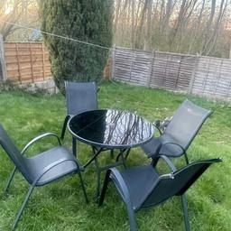 Garden set for sale
Table folds for easy storage and chairs stack up

Immaculate condition

Collection only £150