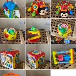 Xylophone  £2

Chad Valley Activity Triangle  £5

VTech Crawl 'n' Learn Bright Lights Ball £5

VTech Sort & Discover Activity Cube £5

Ladybird activity £5

LeapFrog My Discovery House £5

Electronic Steering Wheel Baby Musical £5

Open to offers
