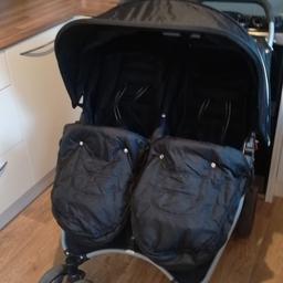 For sale twin pushchair. Purchased from Mothercare. Comes with original rain cover (no rips or tears). Original foot muffs and a pair of upgraded  full body fleece lined sleeping bags.  Material shelf under seats to carry items ( again no rips or tears). Easy to assemble and collapse. Fits even in small cars ( we used to get it in the boot of a Micra). Suitable from birth. Very good used condition. collection from ws13 .