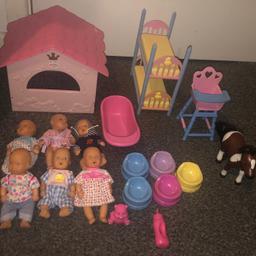£20 
6 dolls
5 potties
1 bottle
1 high chair 
1bunk bed (colour but faded as can see in next photo)
1 stable 
1 horse