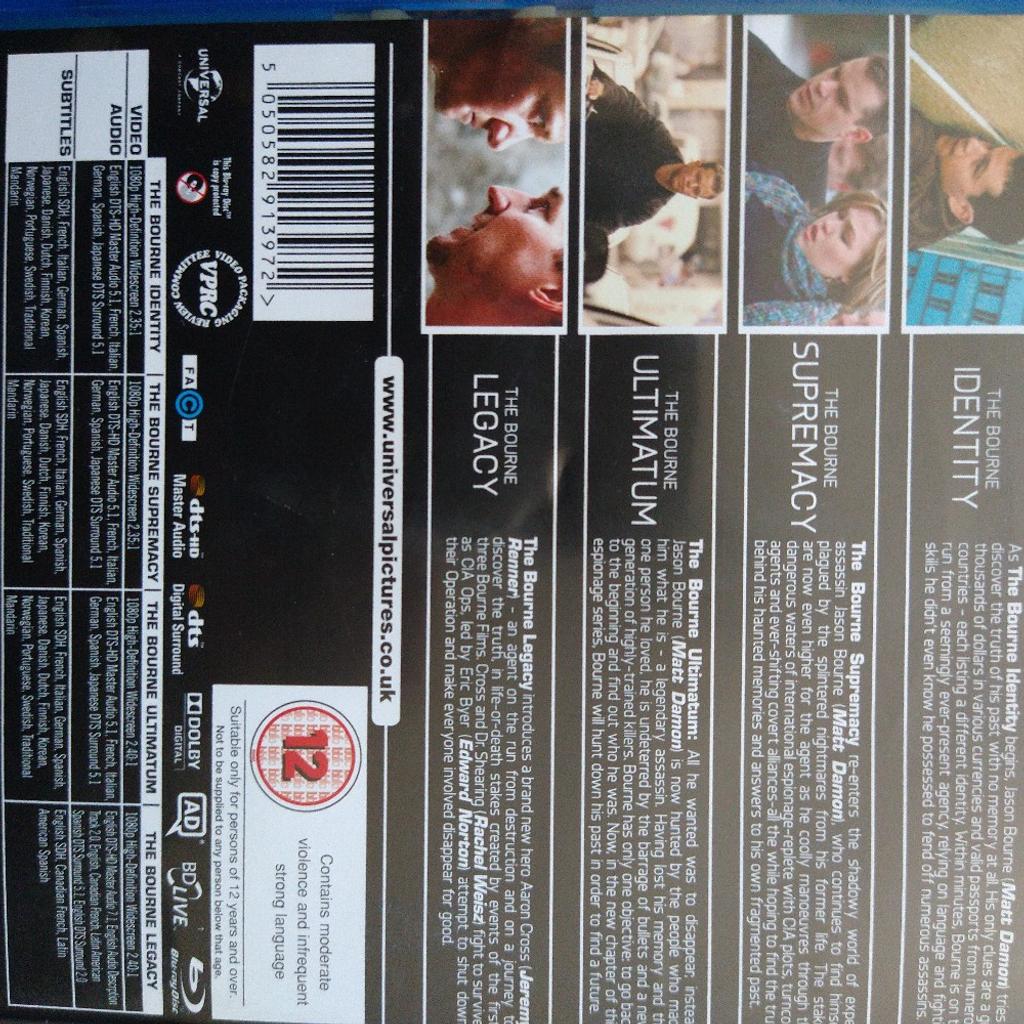Bourne 4 film collection in BLU-RAY.
BOURNE IDENTITY
SUPREMACY
UTIMATUM
LEGACY.