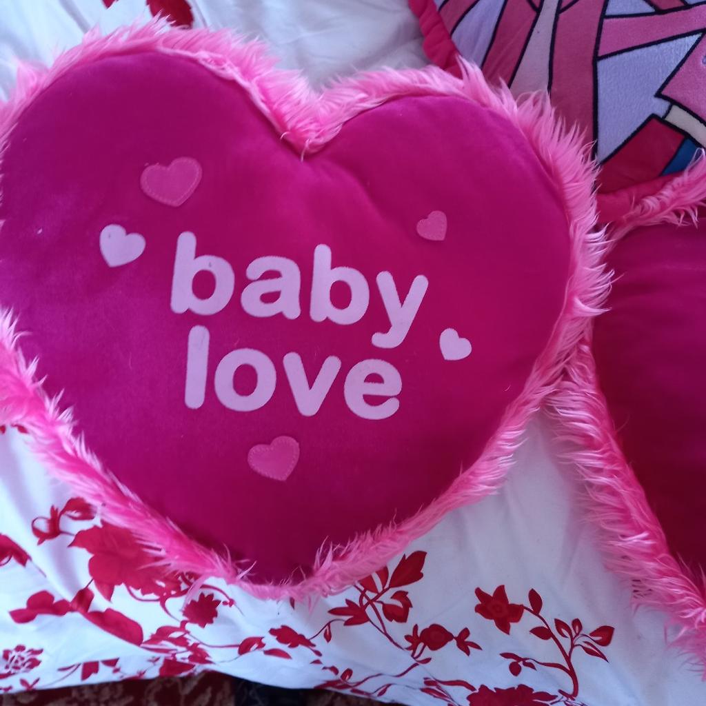 3 heart cushions. 2 pink (Baby Love) 14"×10" 1 Pink + blue (Best buddies) 15" x13".