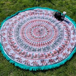 ⚪️Size: 68 Inch or 170 cm in Diameter Approx.
⚪️Shape: Round or Circular. 
⚪️Colour: As Seen On Picture. 
⚪️Pattern: Mandala. 
⚪️Material: 100% Cotton. 
⚪️Manufacturing Technique: Hand Screen Printed in Traditional Indian Method. 
⚪️Usage: Beach / Park / Picnic Throw, Tapestry, Wall Hanging, Table Cloth, Sofa/Couch Throw, Wall Art.
⚪️Washing: Dry Clean or Hand/Machine Wash Separately in Cold Water.
⚪️Place of Origin: Rajasthan, India. 
⚪️Item Ref: YR28-1.
