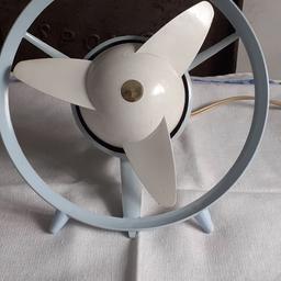 vintage/Retro Electric Desk fan.
I have owned the fan for approximately 3 years,
And used it in my kitchen, 
As it is a vintage fan it is ADVISABLE to get it pat tested.
it does show signs off wear and tear all over, 
but this does not affect the use.
approximately 8 inches diameter. 
regards 
COLLECTION ONLY 
listed on other sites