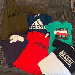 Blue Adidas top size 15-16 years
Red Adidas top size small 
Tommy Hilfiger top size 13-14 years 
Blue puma top size 13-14 years 
Blue and white rascal top size large boys 
Green puma hoody size 13-14 years