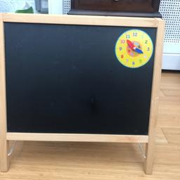 One side magnetic whiteboard 
One side chalkboard 
42 1/2 cm high 
42 1/2 cm wide 
Fun for kids! 
::: One side of the board has been drawn on but still fully function-able::::