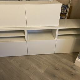 Long IKEA white tv cupboard 3 push out drawers good condition does have a few marks but not noticeable (glass top cover)
L-180cm H-66cm w-40cm
2 wall cupboards with 2 push open doors (wall brackets included) 
L-120cm H-39cm W-42cm 

£90 Ono