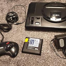 For sale.

Sega Mega Drive -

Includes:-

joypad
Rf lead
Mains power pack (buzzes but works fine)
PGA Tour golf (no box)

Joypad and console cleaned inside and out and are in great working condition for the age of the system.

Console is the version which outputs better sound quality.