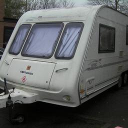Very big, Twin axle caravan. Compass aztec 620. Date of manufactured 2002

Empty inside, was used for storage. Dry.

All 10 windows and big skylight is in very good contrition with blinds and lockers. 

Almost new tyres. Very light to tow.

Is keys for door. 

I can deliver this caravan anywhere for just £1 per mile.

You can use this for storage or like a big trailer.   

Price £450 Ono