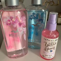 2 hollister body sprays 
1 skinny dip body spray 
Only been used a few times to test the scent