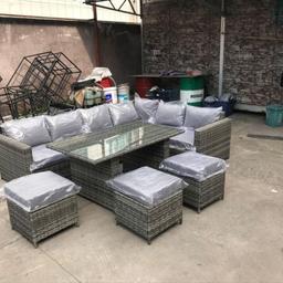 Brand new Rattan Dinning sets, in grey with grey cushions, comes with all as per photo
2.4mt x 1.8 mt sofas and 3 stools
Tempered glass topped table
Nice thick quality 8cm cushions
Free delivery locally within 30miles
We are taking reservations, £50 via paypal secures a set, balance payable on delivery, cash or bank transfer
Dont miss out we normally sell out before they arrive :-)
Due to shipping delays, these are now due around end of June sorry