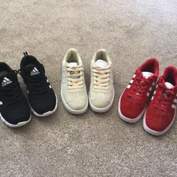 Red Adidas gazelle size 4 £15.00
Beige/cream gazelle size 4 £15.00
Black and white mesh runners size 4 £10.00
All 3 have been worn but in excellent condition.
ALL 3 PAIRS FOR ONLY £35.00