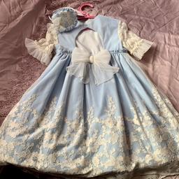 This is for sale as it is too small for my daughter who usually wears age 11-12. I’d say it’s a better fit for 10-11. Really beautiful outfit. Brand new with tags! Soft Cornflower blue colour with cream overlay lace.