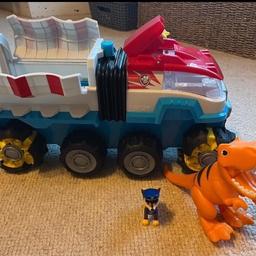 Never played with just opened the box.

The first motorised PAW Patrol vehicle
Watch the Dino Patroller go with a push of a button
Large expanding wheels
Pop out launchers
Room for themed vehicle and all 6 pups
Includes exclusive Chase figure
T-Rex’s mouth and tail move
6 x AA batteries required (included)

Full set. New