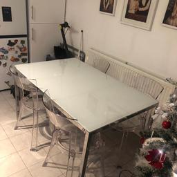 IKEA table and chairs set for sale, only used for 2 months still in perfect condition.we bought this set for £390
Table £130
Chairs £65 each
Measurements for table

Underframe
Article no.:
702.130.60
Width: 15 cm
Height: 8 cm
Length: 147 cm
Weight: 13.70 kg

Table top
Article no.:
901.546.44
Width: 90 cm
Height: 2 cm
Length: 143 cm
Weight: 24.85 kg