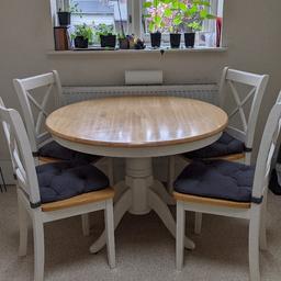 Selling my dining room table as we are moving house.

It was originally purchased from The Pier for £750 so it's very good quality table. It measures 1.05m diameter and comes with 4 matching chairs.

Its been around for a while so it's got a couple of scuff marks you can see in the picture, but nothing that can't be solved by a little sanding and a new coat of varnish.

if you want a good quality dining table without the high price tag and don't mind the job then make an offer.