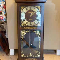 Wooden grandfather clock for sale.
Pendant shown in picture can be replaced on the hook inside the clock
Cash on Collection only from Bromley north area
