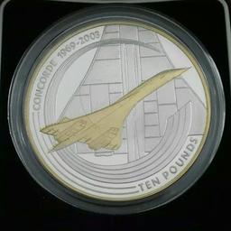 2003 5oz .925 SOLID STERLING SILVER PROOF THE LAST FLIGHT OF CONCORDE.. STRUCK BY THE LONDON ROYAL MINT TO A SILVER PROOF FINISH.. WEIGHT 155.5g..DIAM 65mm.. THIS COIN HAS THE LOWEST MINTAGE I HAVE SEEN FOR A WHILE WITH ONLY A MINTAGE OF 1,969 EVER STRUCK MAKING THIS COIN VERY DESIRABLE AND UP THERE IN THE COLLECTION FOR NUMISMATICISTS.. THIS IS AN INVESTMENT NOT TO BE MISSED AND A PART OF HISTORY TO KEEP.. WONT BE ON MY LISTING FOR LONG SO GENUINE BUYERS ONLY PLEASE..COMES IN A CASE + C.O.A