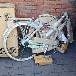 rare and brand new ladies bicycle in flat pack, shimano gears ,colour duckegg, size 19" , print design ba Orla Kiely ,brown leather seat and handles 