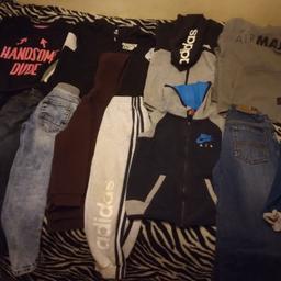 x4 tops
x1 pyjama top (Harry Potter)
x2 hoodies, 1 of them is Nike Air Max
x2 Sleeveless hoodies, 1 Nike and 1 Adidas
1 Mckenzie Jacket
x4 jeans, 1 of them is Timberlands
1 pair of Adidas Tracksuit bottoms
1 jumper

all sized 5-6 and 6 years!

Price for all clothes - £40.00

Added a few clothes that are not in the pictures also.