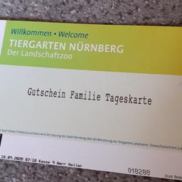 Habe bei einer Verlosung eine Familien Tageskarte für den Tiergarten Nürnberg gewonnen.
Kann damit aber nichts anfangen.
Normalpreis 37 Euro, verkaufe sie für
8 Euro.
Ist seit 10.09.2020 für drei Jahre gültig.