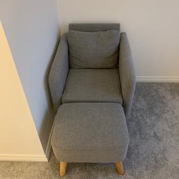 Good condition, hessian type material, light wood legs, originally from Wayfair. Grey Armchair with Footstool. Can deliver if local.
