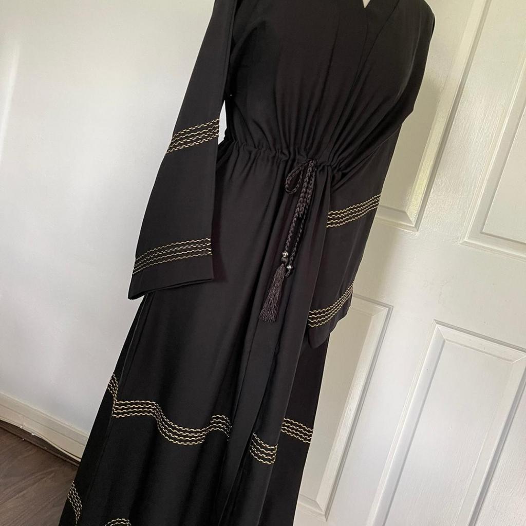 New open abaya good quality nida silk comes with matching scarf colour black and gold size 52,54,56