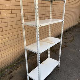 White Metal 4 Tier Shelving Unit 

Approx Size
30” Wide x 58.5” Tall x 12” Deep

4 Shelves which are adjustable