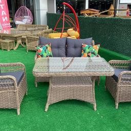 These are brand new Real Rattan, not poly rattan
Hand made high quality goods 
2 seat sofa is 140 cm wide
Chairs are 75cm wide
Table is 120 x 70 cm
These a high quality hand built sets not your usual cheap alternatives 
Can be delivered locally for free within 20 miles, ask for other areas