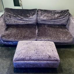 Purple crushed Velvet 3 Seater Sofa with matching foot stool for sale. Great condition needs gone ASAP for collection/pick up ONLY.

Silver legs on front and back of sofa and footstool. Legs are removable. Slight minor mark on the foot stool, shown in close up photograph