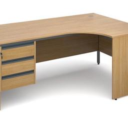 New RRP£500

25mm melamine worktops and modesty panel
Panel end legs of 25mm melamine with 2mm ABS edging
Adjustable feet
Cable ports in desk top
Available with 2 or 3 drawers
2 drawer: 1 x shallow drawer, 1 x filing drawer (accepts A4 and foolscap files)
3 drawer: 3 x shallow drawer
Pedestal can be fitted to the 746mm depth side of desk
1800mm x 800mm