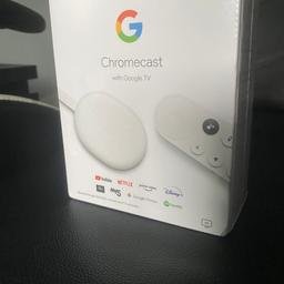 Brand New Google Chromecast
Clear picture up to 4K and brighter colours with HDR
Bluetooth and WiFi 
Works with Android and IOS
YouTube, Netflix, Prime Video, Disney+, ITV hun, My5, Spotify and Google Photos
Still in its original packaging 
Came with new WiFi and I don’t need it