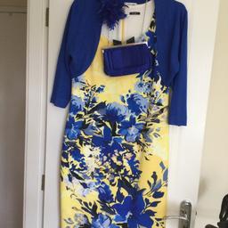 Roman size 16 dress worn once. Complete outfit includes shrug, bag, and comb fascinator. Ideal for ladies races day, wedding, christening or any special occasion.