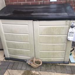 Tall plastic shed approx 5ft tall x 2ft deep and 3ft wide plus storage unit approx 4ft high 5ft wide and 3ft deep

All ok just needs a good clean 
Collection only