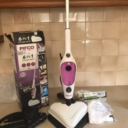 Pifco 6 in 1 Steam mop, cleans floors, upholstery, blinds, windows and carpets.
Kills 99% of bacteria, 1500W motor, as new never used.