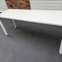 White top table desk with detachable legs.Been used as nail desk in salon.Dimensions 1800mm wide 550mm depth 735mm height.Two mobile drawer pedestals white with beech colour tops.Dimensions 320mm width 600mm depth 640mm height.Small reception in white with three detachable shelves.Dimensions are 600mm width 500mm depth 1000mm heightThanks for looking.