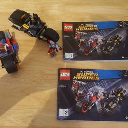 Lego DC comics set 76053,  instruction booklets and 3 minifigures,  unfortunately can't find the villain jetpack or piece that holds the hammer on Harley Quinn's bike but otherwise intact.